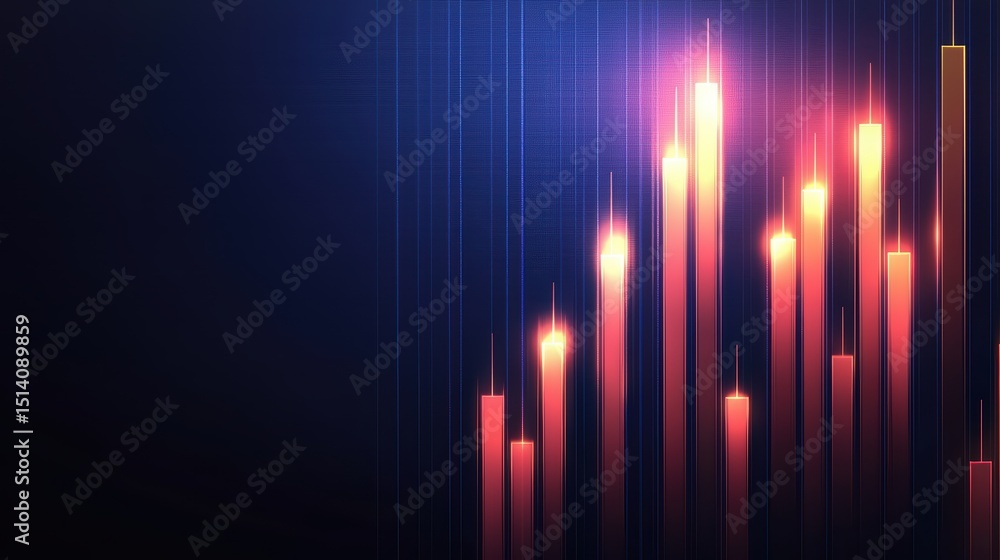 Poster abstract financial graph with glowing bars in various colors representing growth on a blue backgroun