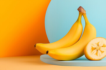 A beautiful studio shot features vibrant yellow bananas, one sliced, against a colorful backdrop with abstract shapes.