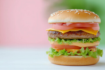 A delicious, juicy hamburger with fresh lettuce, cheese, and tomato, ready to eat.
