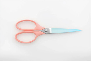 A pair of pink scissors with light blue blades on a simple, clean white surface.