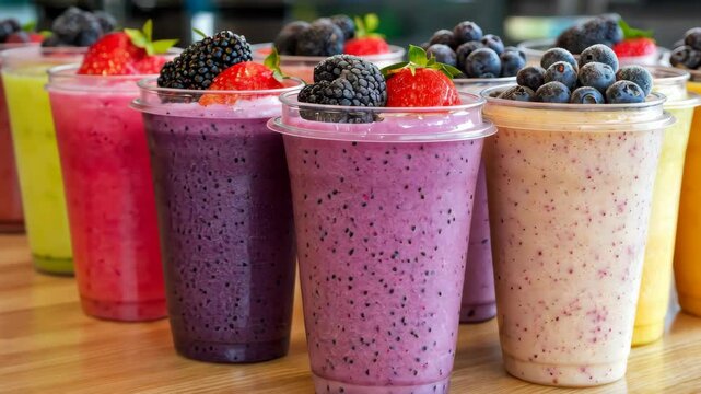 Assorted Fruit Smoothies: A vibrant collection of colorful fruit smoothies in clear plastic cups, garnished with fresh berries. Each smoothie boasts a unique hue, showcasing a variety of flavors.