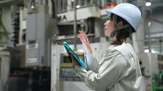 タブレットを持って工場機械を点検する女性作業員