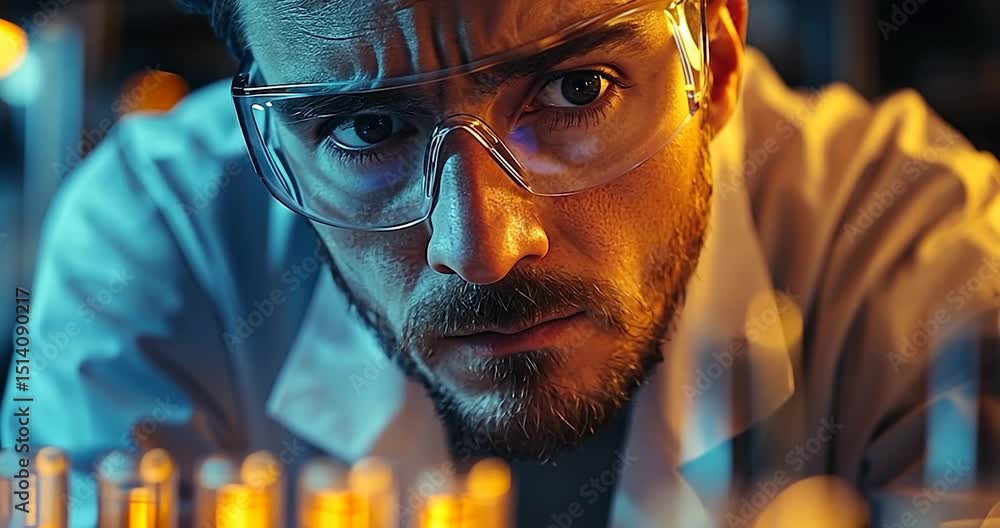Poster a middle-aged man wearing a lab coat and glasses looking at test tubes in a lab setting with an inte