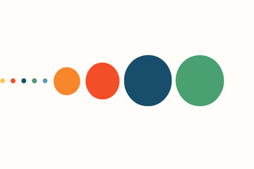 Modern flat design with textured colorful circles. Dots arranged in a sequence of increasing size. Abstract geometric progression concept. Ideal for infographics, data visualization, growth charts.