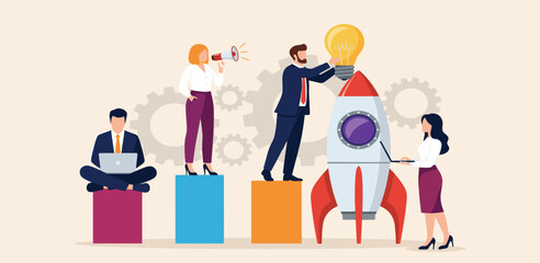 Business Startup Concept. Vector cartoon illustration of a group of diverse people in business suits assembling a rocket for launch. 