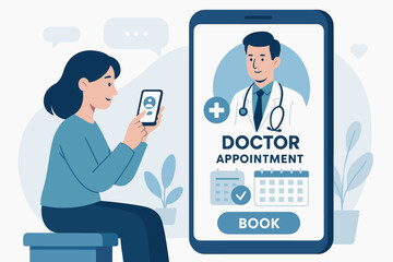 Woman using smartphone app for online doctor appointment booking. Telemedicine, virtual consultation, find doctor, medical scheduling. Healthcare technology, e-health service, patient portal vector.