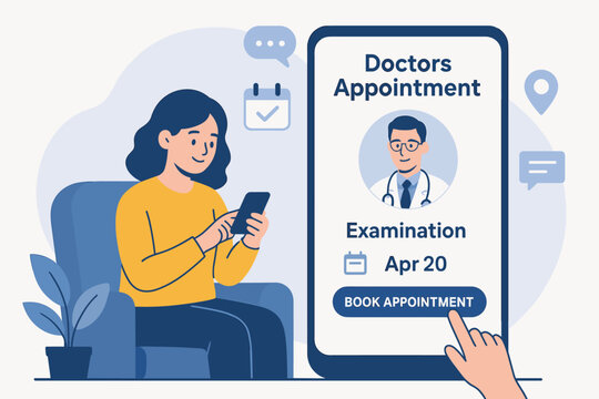 Online doctor appointment booking on mobile app. Woman scheduling medical examination via smartphone. Telemedicine, virtual consultation, and modern healthcare technology concept vector.