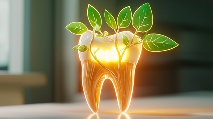 Stylized tooth with a vibrant healthy glow sprouting leaves symbolizing the growth and renewal associated with good oral health