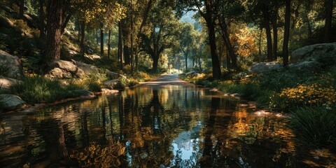 Fototapeta premium Tranquil forest pathway alongside a serene river reflecting autumn foliage in a peaceful setting
