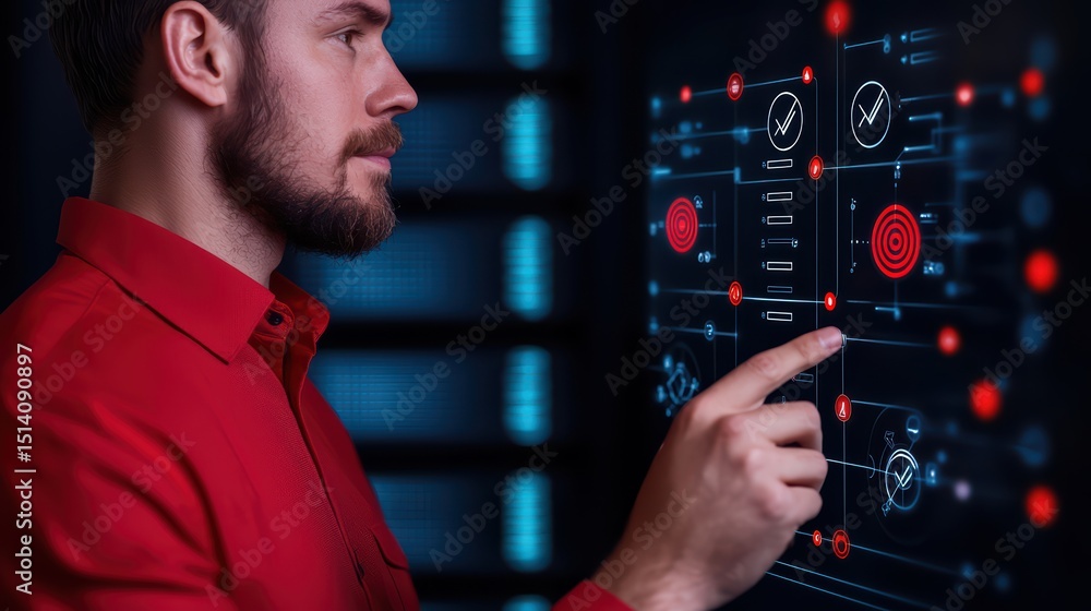 Poster man interacting with futuristic technology interface displaying charts and data analysis in a dim li