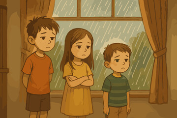 Rainy day boredom illustration. Sad children looking out window at storm. Unhappy kids stuck indoors feeling melancholic, disappointed. Wistful waiting, gloomy mood concept. Childhood emotions art.