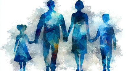 Abstract Family Silhouette in Blue Geometric Artwork for Unity and Togetherness