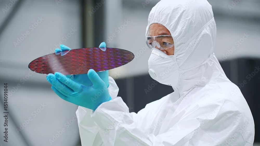 Aufkleber 半導体工場でシリコンウエハーを検査する防塵服を着た男性作業員