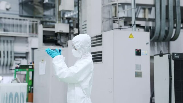 半導体工場でシリコンウエハーを検査する防塵服を着た女性作業員