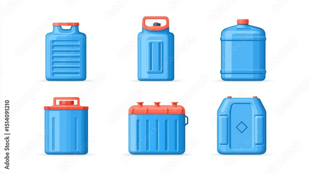 Poster collection of blue storage containers with different shapes and sizes for various uses and applicati