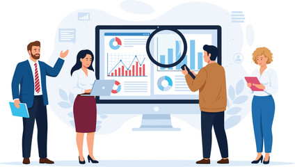 Business Data Analytics Concept. Vector illustration in flat style of a large monitor with tabs displaying graphs, chats, and a group of people looking at them.