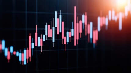 Modern financial chart with candlestick patterns representing market trends and price fluctuations in dark background