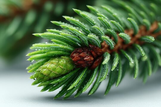 Close-up of fresh pine tree branch with water droplets in natural setting during morning light
