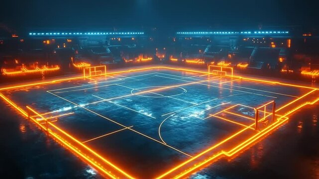 Futuristic illuminated soccer field with glowing goals and neon outlines in a vibrant arena - Powered by Adobe