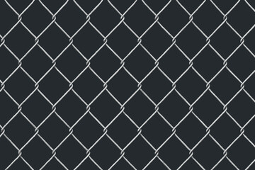 Realistic silver chain link fence on dark background. Seamless wire mesh texture. Industrial metallic grid pattern for security, prison, or boundary concepts. Metal netting vector illustration.