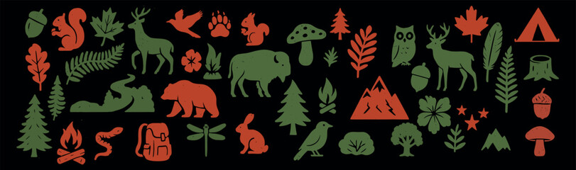 Minimal Forest Adventure Icons with Nature Elements