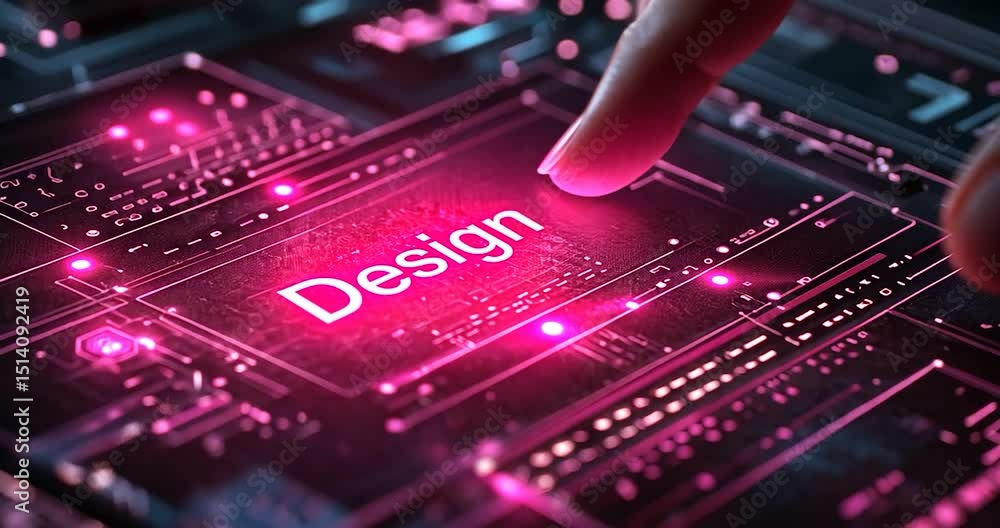 Poster close-up of a hand touching a digital button with pink lighting. the word 'design' glows, and the ba