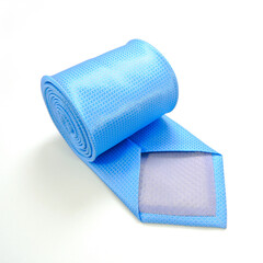 A blue tie rolled on white background closeup shot 