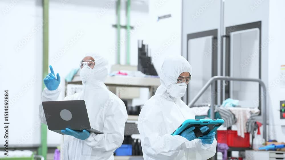 Aufkleber デジタルデバイスを持って工場で作業する防護服を着た男女作業員
