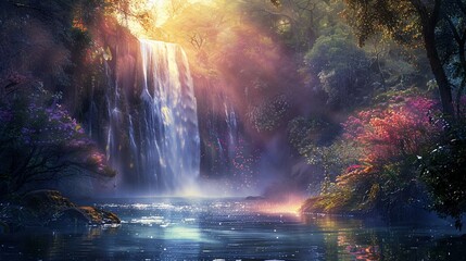 Enchanting Waterfall Scene in a Lush Forest with Sunlight Streaming Through