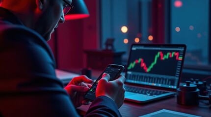 Obraz premium Crypto Trading Photorealistic Night Scene of Man Using Crypto App