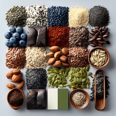 Diverse mix of organic seeds, dried berries, and earthy grains in aesthetic layout high resolution image