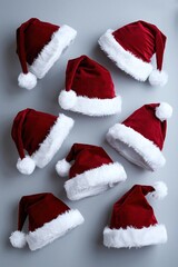 Scattered Plush Red and White Santa Hats on a Neutral Background