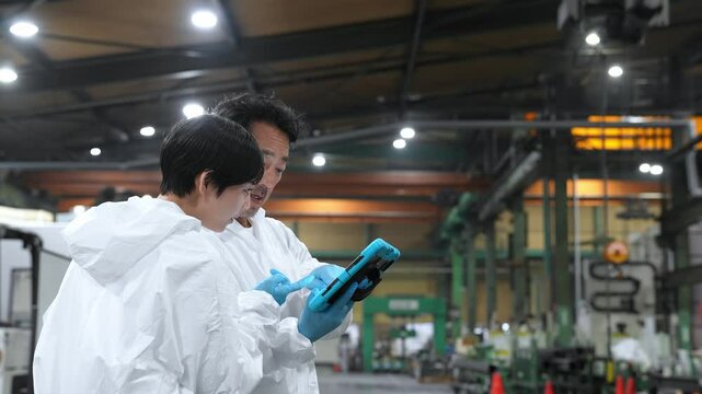 工場、DX、製造業、建設、テクノロジー、作業員、点検、メンテナンス、検査、保守、安全、確認、タブレット、IIoT、スマート、ファクトリー、オートメーション、産業、デジタルトランスフォーメーション、PC、日本人、男性、女性、管理、チェック、工業、モノづくり、エンジニア、人材、仕事、働く、防塵服、白衣、食品、衛生、清掃、洗浄、メーカー、梱包、包装、物流、倉庫、半導体、生産、マシンオペレーター、工作機械