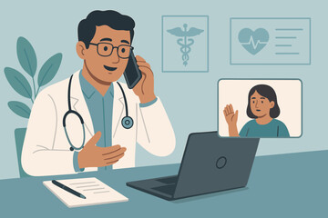 Virtual medical consultation: doctor providing remote diagnosis and advice to patient via laptop video call. Telehealth, online healthcare technology, digital health concept illustration.