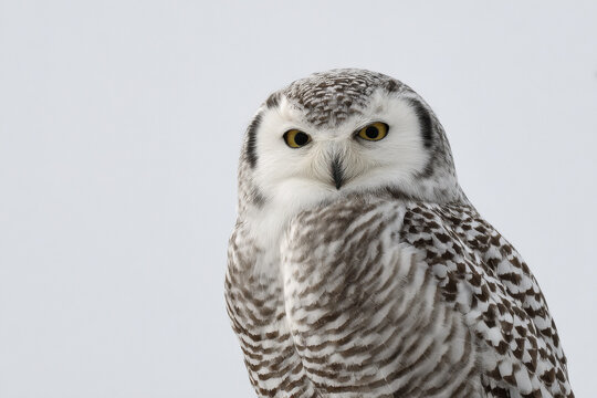 closeup of arctic owl perched against winter sky emphasizing bird in minimalist style
