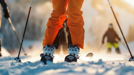 Skiing Action: Close-up of skier's feet in action on a sunny day, powder flying. Focus on skiing equipment and winter sports adrenaline! - Powered by Adobe
