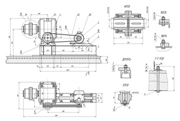 Assembly drawing of electrical conveyor with reducer. Design of steel mechanical device with shaft, worm gear, 
electric engine, bolt connection, dimension lines.
Engineering technic cad scheme.
