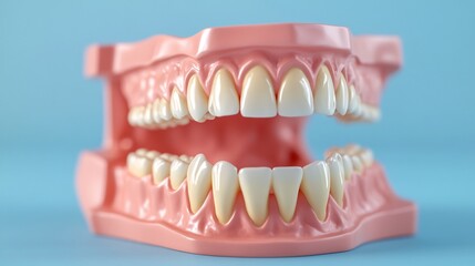 Fototapeta premium Three dimensional dental model of human teeth isolated on a blue background showcasing the anatomy of molars and premolars