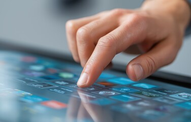 Innovative touch screen design concept demonstrating fingertip interaction with a transparent digital panel for seamless creative control