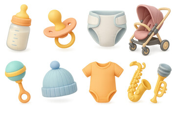 Baby gear and instruments icons set – 3d, infant essentials and musical symbols