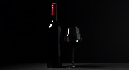 A bottle of red wine stands beside a filled glass, creating a sophisticated and elegant arrangement against a dark, moody backdrop, perfect for culinary themes.