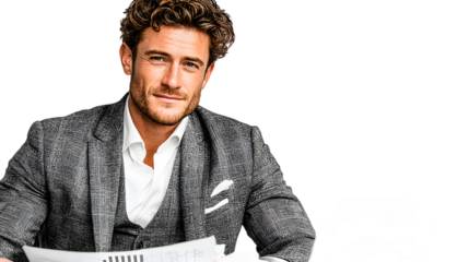 Confident businessman in suit reviewing documents portrait headshot