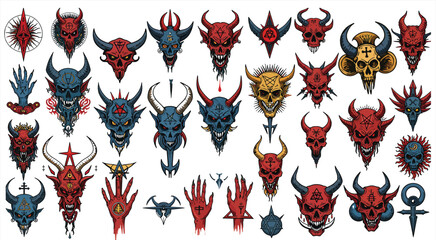 Diverse set of occult-inspired tattoo flash with various demonic heads, skeletal hands, and intricate patterns, ideal for edgy ink, metal aesthetics, and powerful symbolic designs.