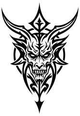 Fototapeta premium Aggressive demon head tattoo artwork with tribal elements and glowing eyes, ideal for horror-inspired ink, alternative fashion, and powerful symbolic designs.