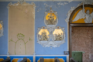 Old Abandoned Palace in Branice with Blue Chapel Interior, Poland