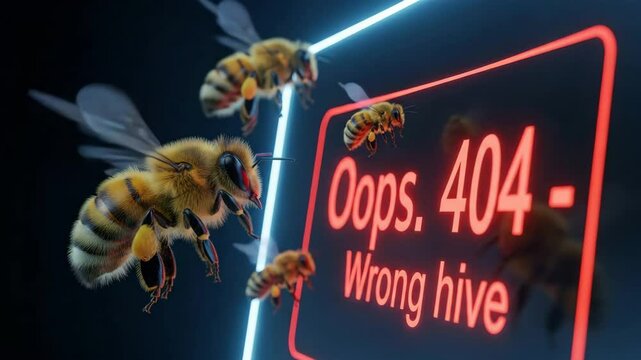 Realistic bees hover near a sci-fi interface with an error message, humorously blending nature with internet culture.