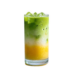 Iced matcha latte with mango juice and milk layers in a glass on transparent background. Cold summer beverage on a hot day.