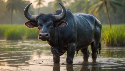 Obraz premium Water buffalo standing in a shallow pond surrounded by lush greenery and palm trees at sunrise