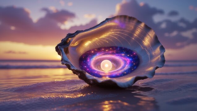 Open seashell with glowing pearl and galaxy-like interior on a beach at sunset