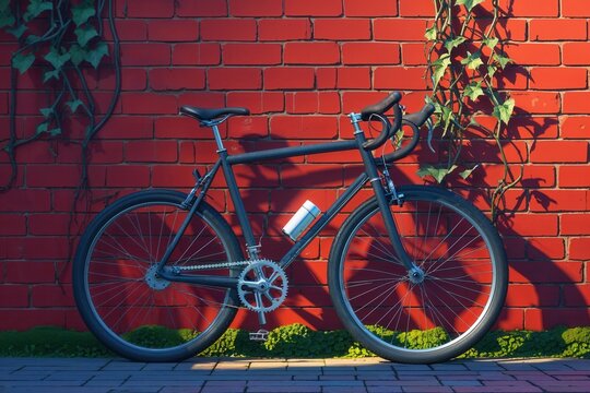 Black road bicycle leaning against a red brick wall with green ivy and sunlight casting shadows